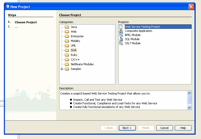 Creating a New Web Service Testing Project in the NetBeans plugin