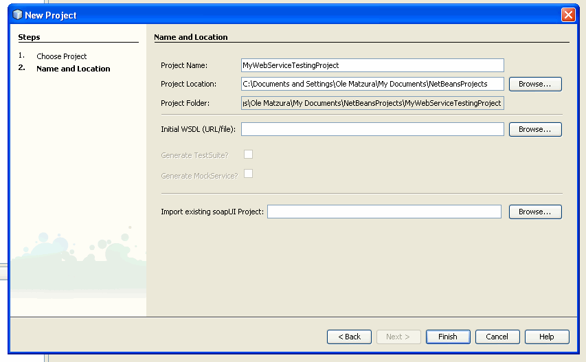 Specifying URL, Web Service Testing Project Wizard in the NetBeans plugin