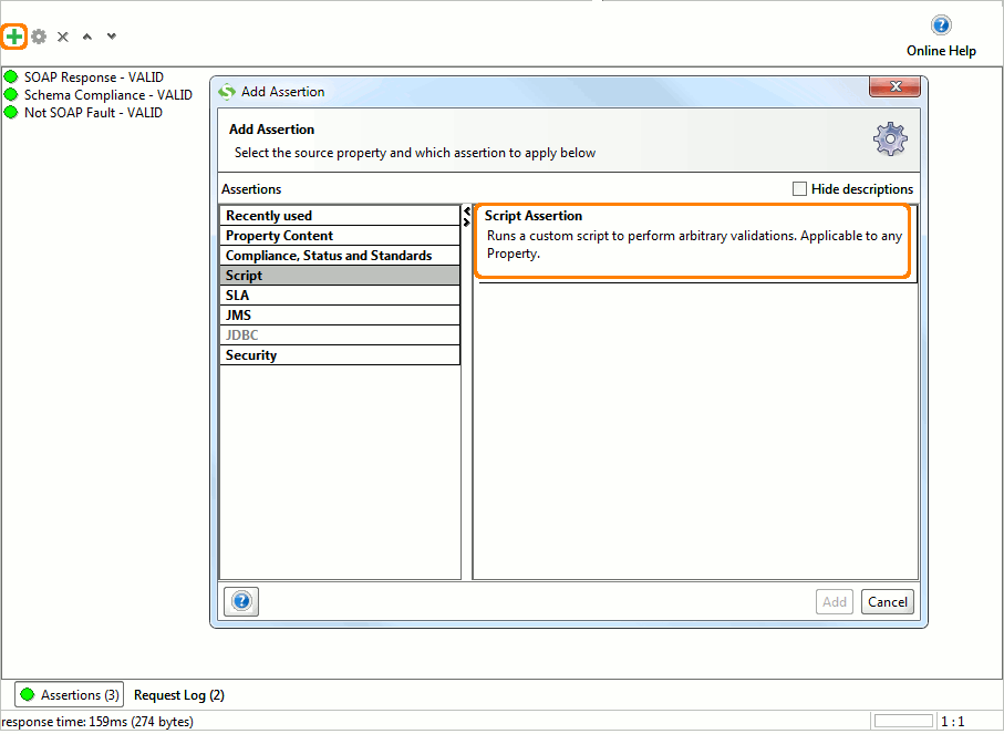 Add script assertion dialog