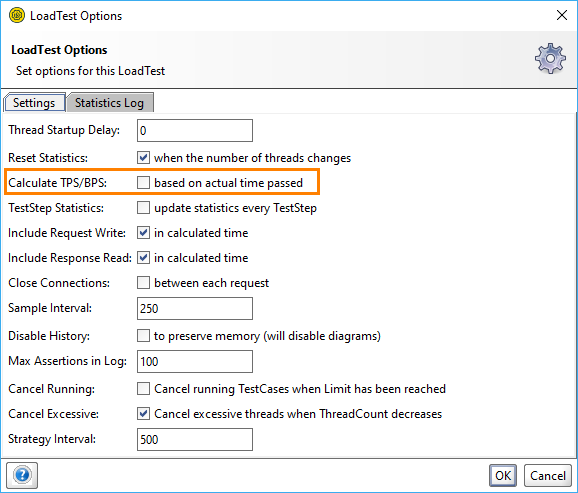 The Calculate TPS/BPS settings of a load test