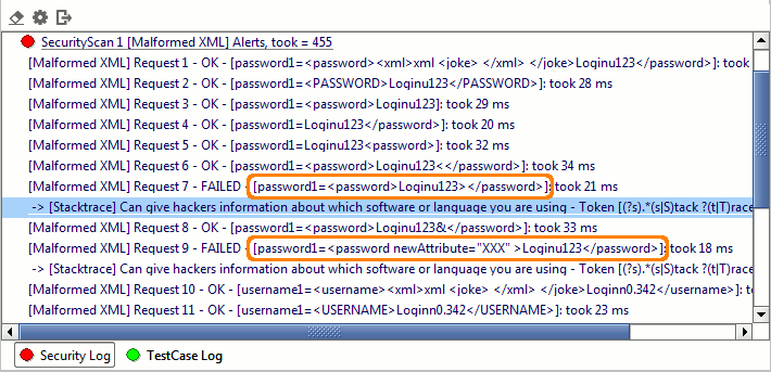 Security log with parameter values